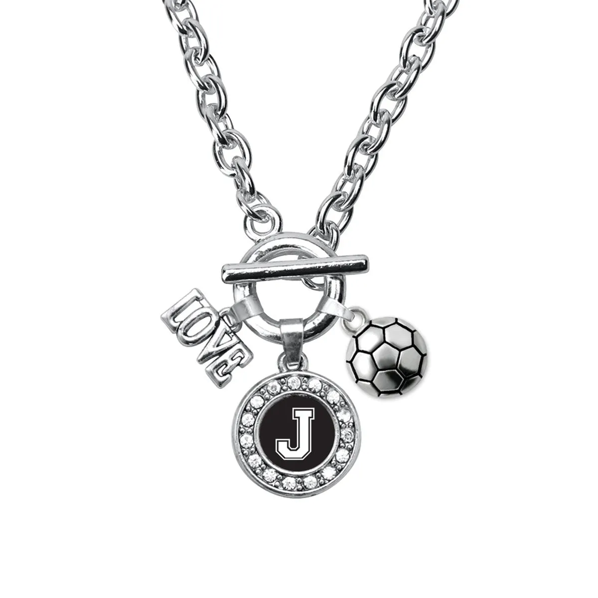 Silver Soccer - Sports Initial J Circle Charm Toggle Necklace