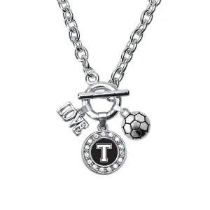 Silver Soccer - Sports Initial T Circle Charm Toggle Necklace