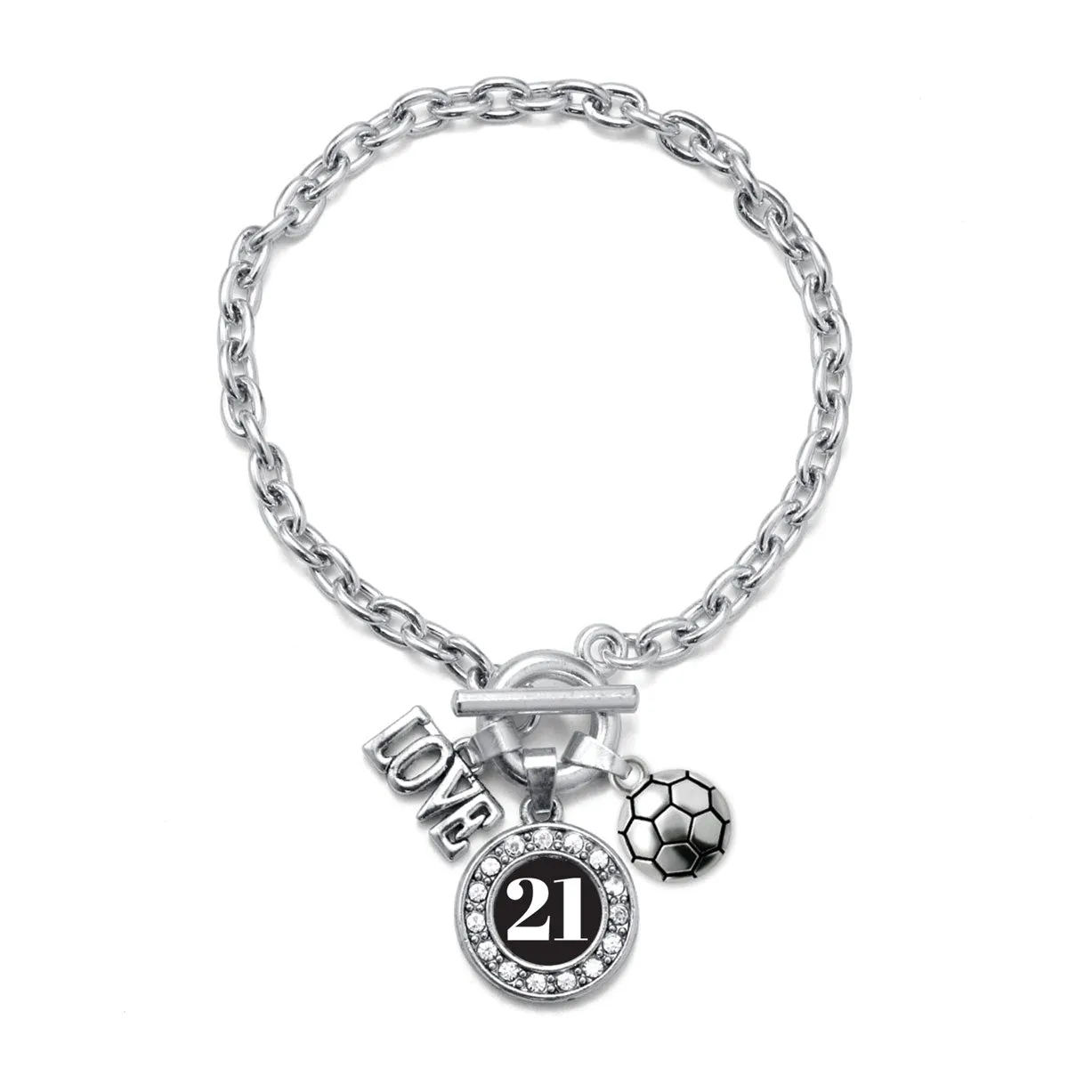 Silver Soccer - Sports Number 21 Circle Charm Toggle Bracelet