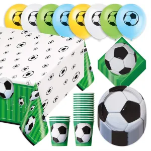 Soccer Party Pack - 3D Soccer Ball Paper Dessert Plates, Napkins, Cups, Table Cover, and Balloons Set (Serves 16)