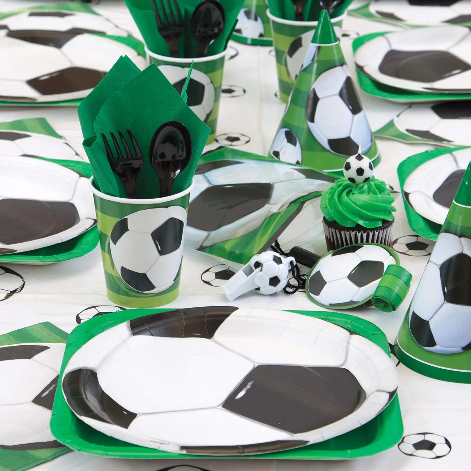 Soccer Party Pack - 3D Soccer Ball Paper Dessert Plates, Napkins, Cups, Table Cover, and Balloons Set (Serves 16)