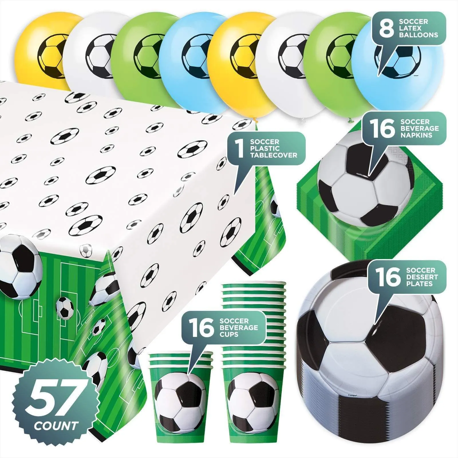 Soccer Party Pack - 3D Soccer Ball Paper Dessert Plates, Napkins, Cups, Table Cover, and Balloons Set (Serves 16)