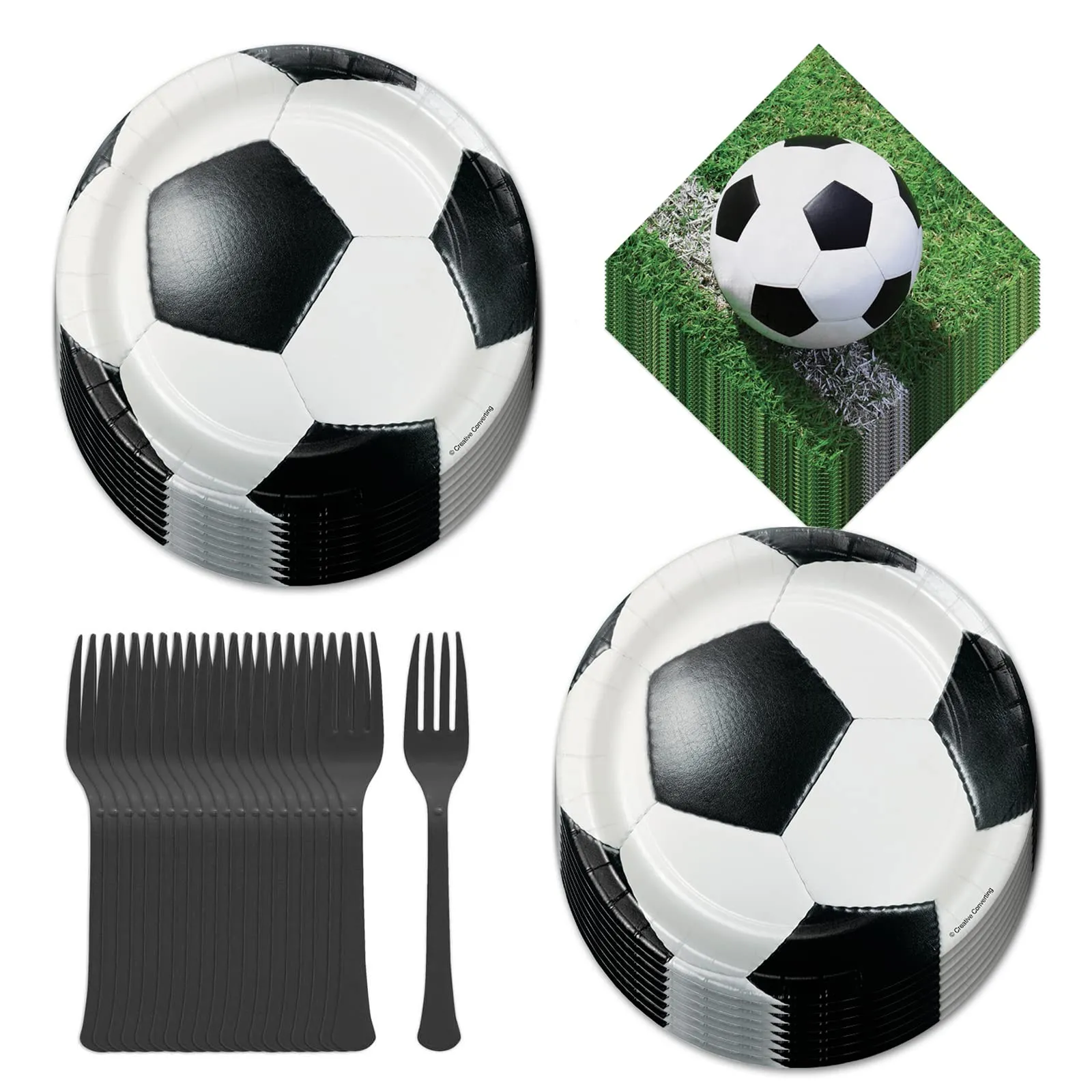 Soccer Party Supplies Dessert Plates, Napkins, and Forks (Serves 16)