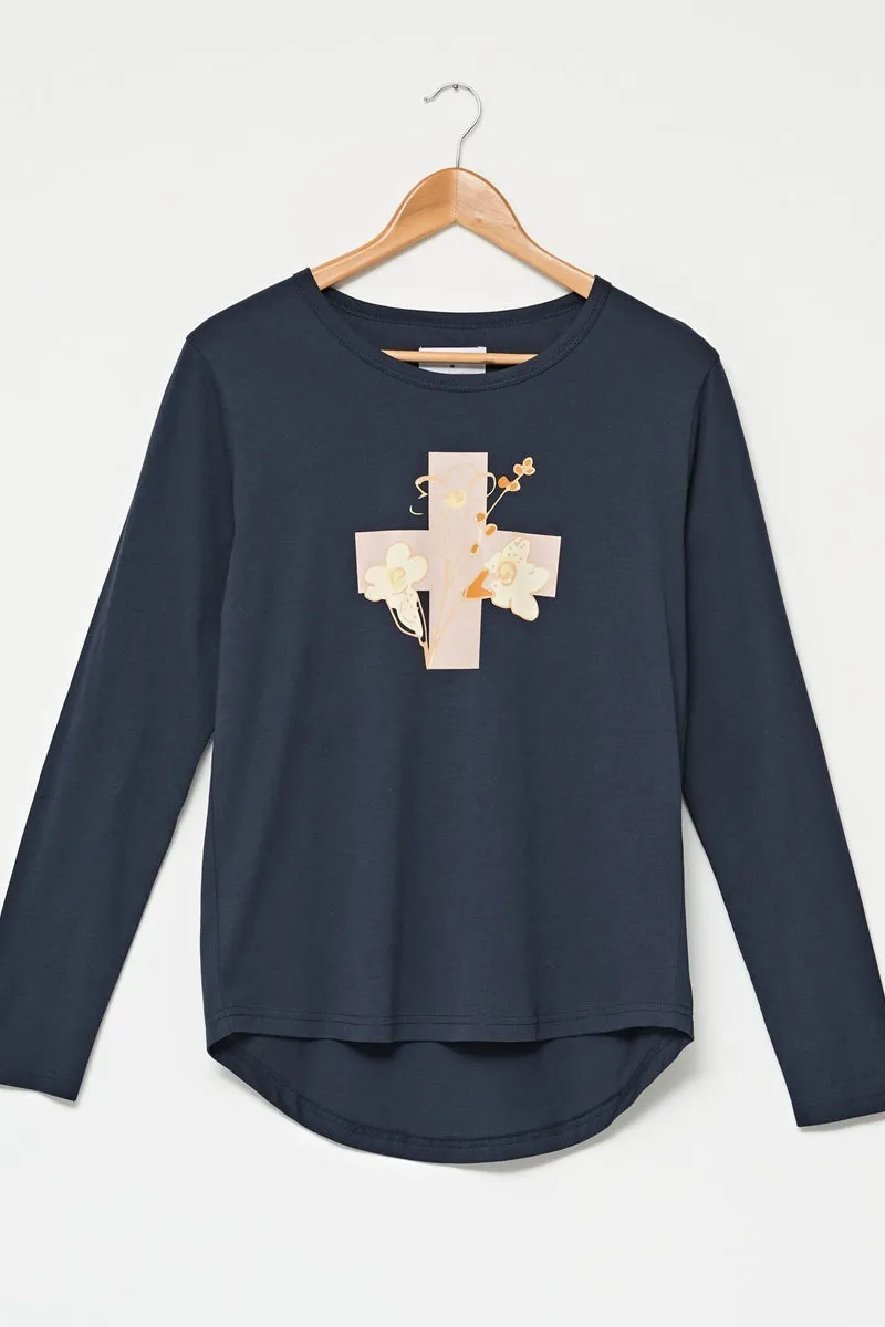 Stella   Gemma - Night Navy Floral Cross - Long Sleeve Tee