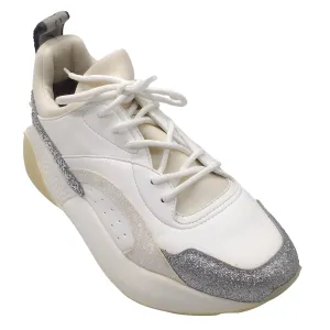 Stella McCartney Eclypse White / Silver Metallic Glitter Detail Chunky Sole Lace-up Leather Sneakers