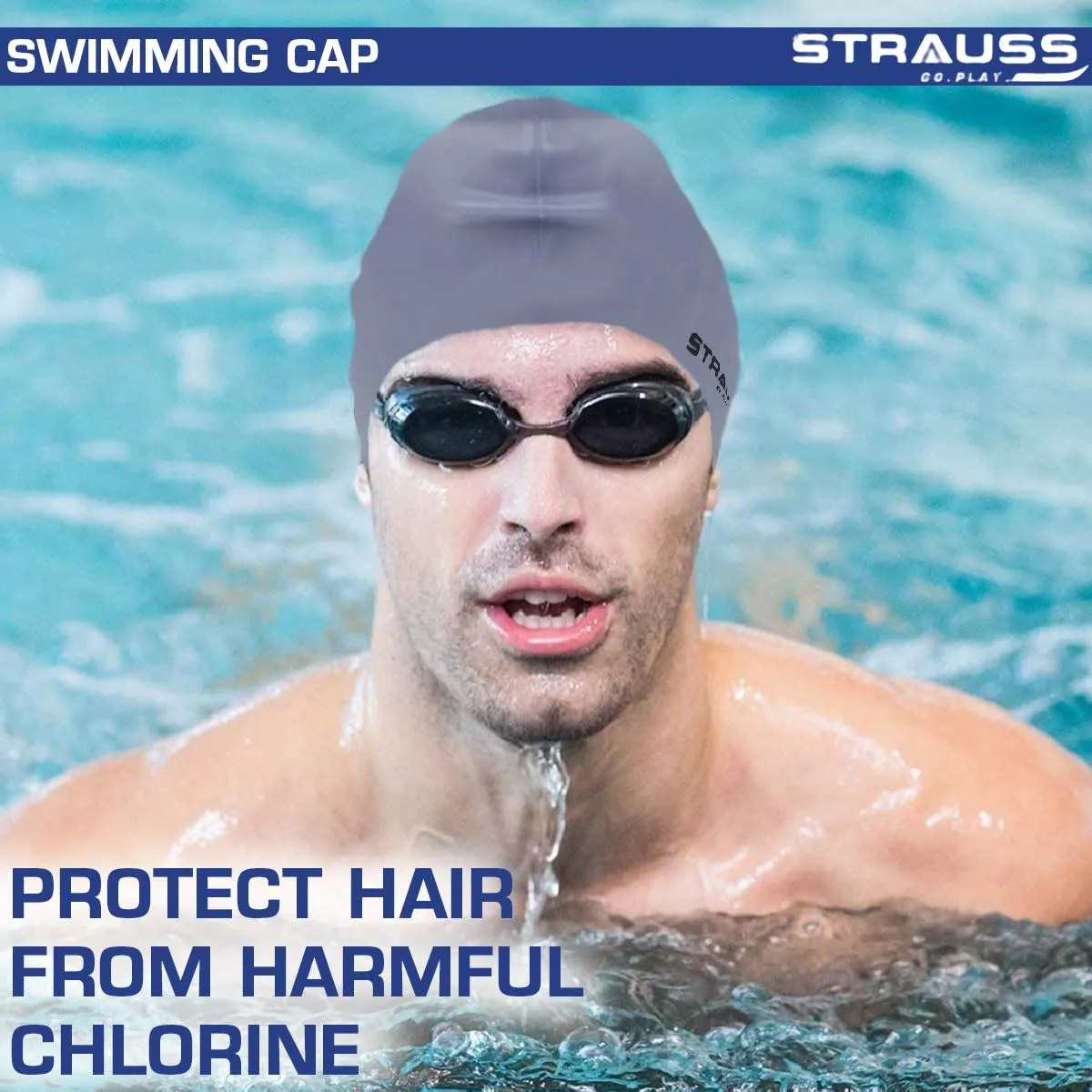 Strauss Latest Designed Swimming Cap|Keeps Hair Clean with Ear Protector|Suitable for Long and Short Hair|Swimming Head Cap with Breathable Fabric |Waterproof Swim Cap for Adult, Woman and Men,(Grey)