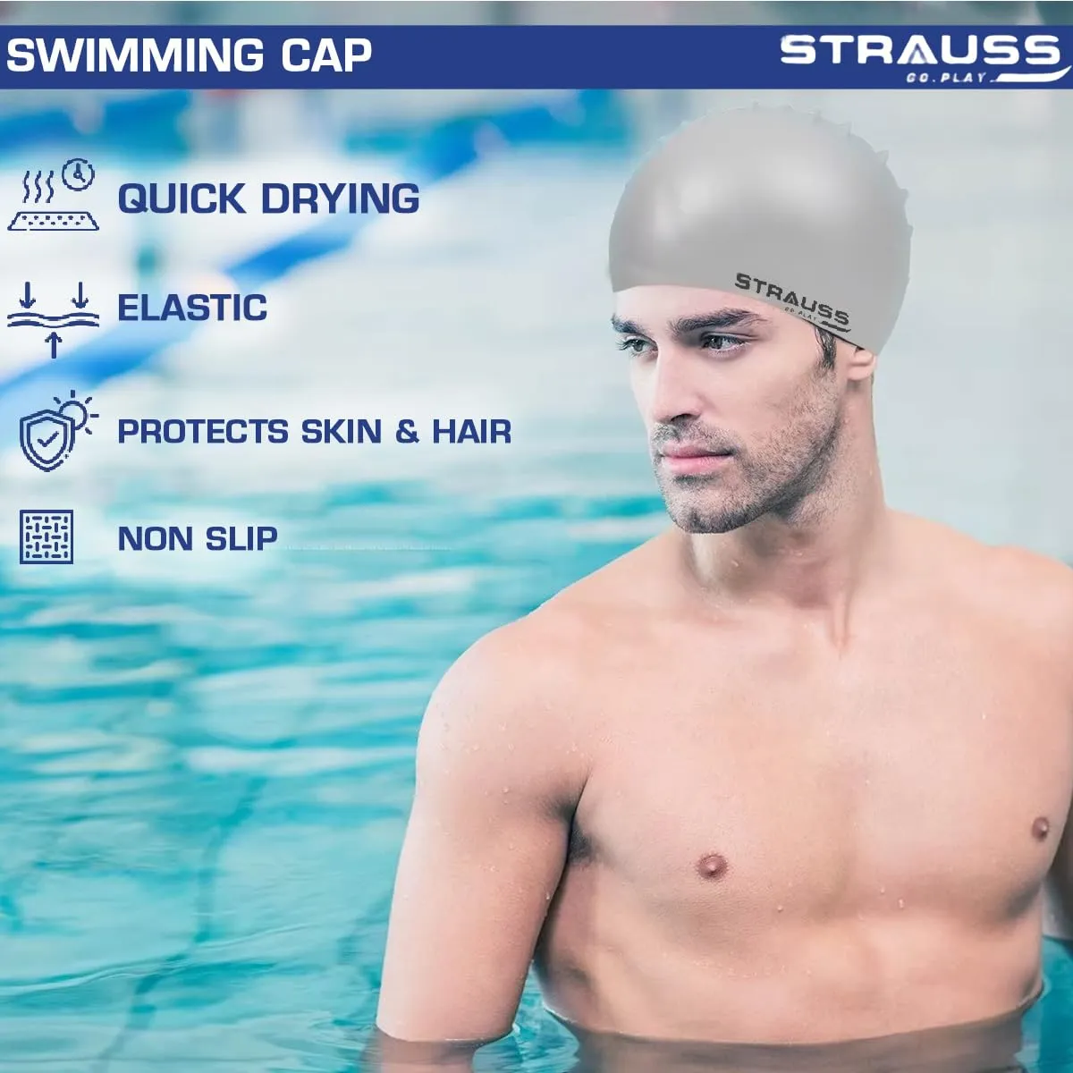 Strauss Latest Designed Swimming Cap|Keeps Hair Clean with Ear Protector|Suitable for Long and Short Hair|Swimming Head Cap with Breathable Fabric |Waterproof Swim Cap for Adult, Woman and Men,(Grey)