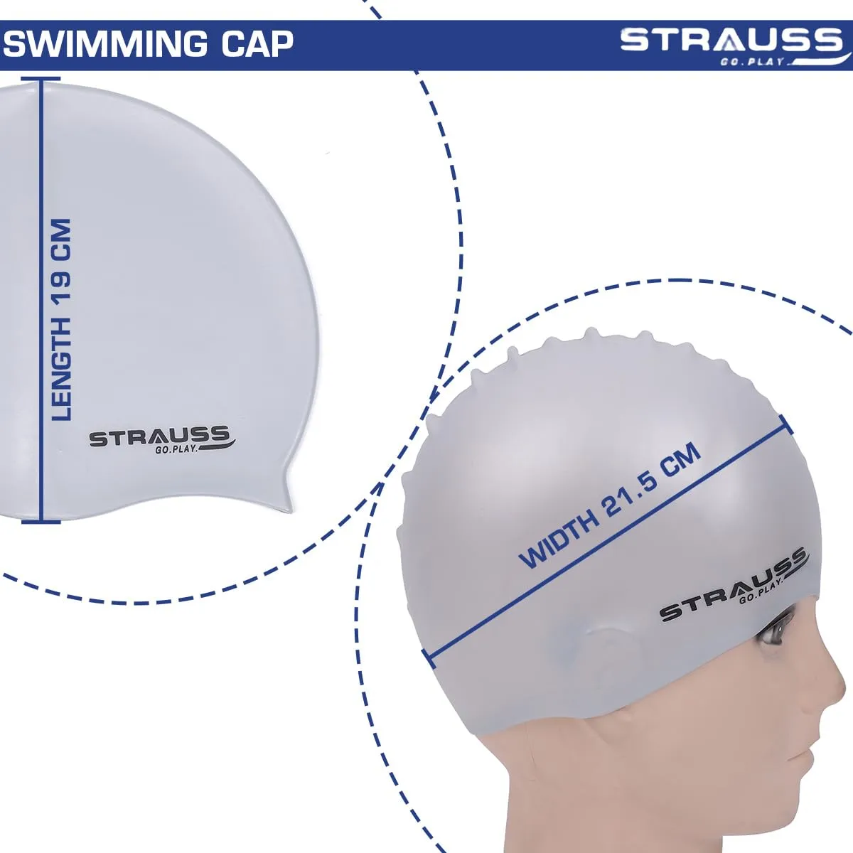 Strauss Latest Designed Swimming Cap|Keeps Hair Clean with Ear Protector|Suitable for Long and Short Hair|Swimming Head Cap with Breathable Fabric |Waterproof Swim Cap for Adult, Woman and Men,(Grey)