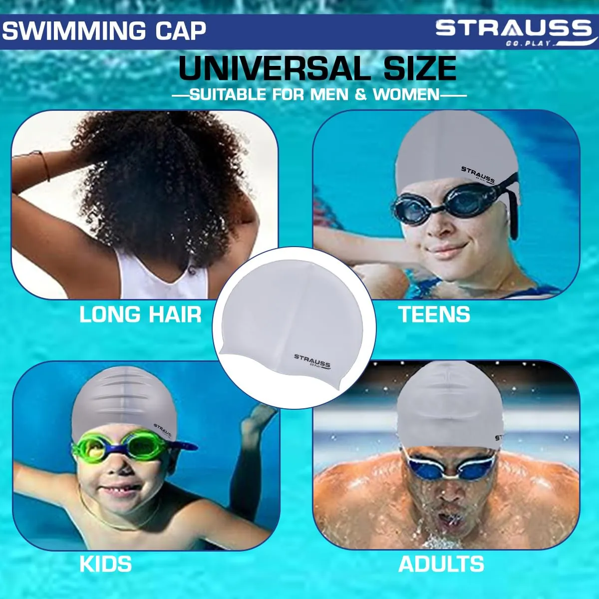 Strauss Latest Designed Swimming Cap|Keeps Hair Clean with Ear Protector|Suitable for Long and Short Hair|Swimming Head Cap with Breathable Fabric |Waterproof Swim Cap for Adult, Woman and Men,(Grey)