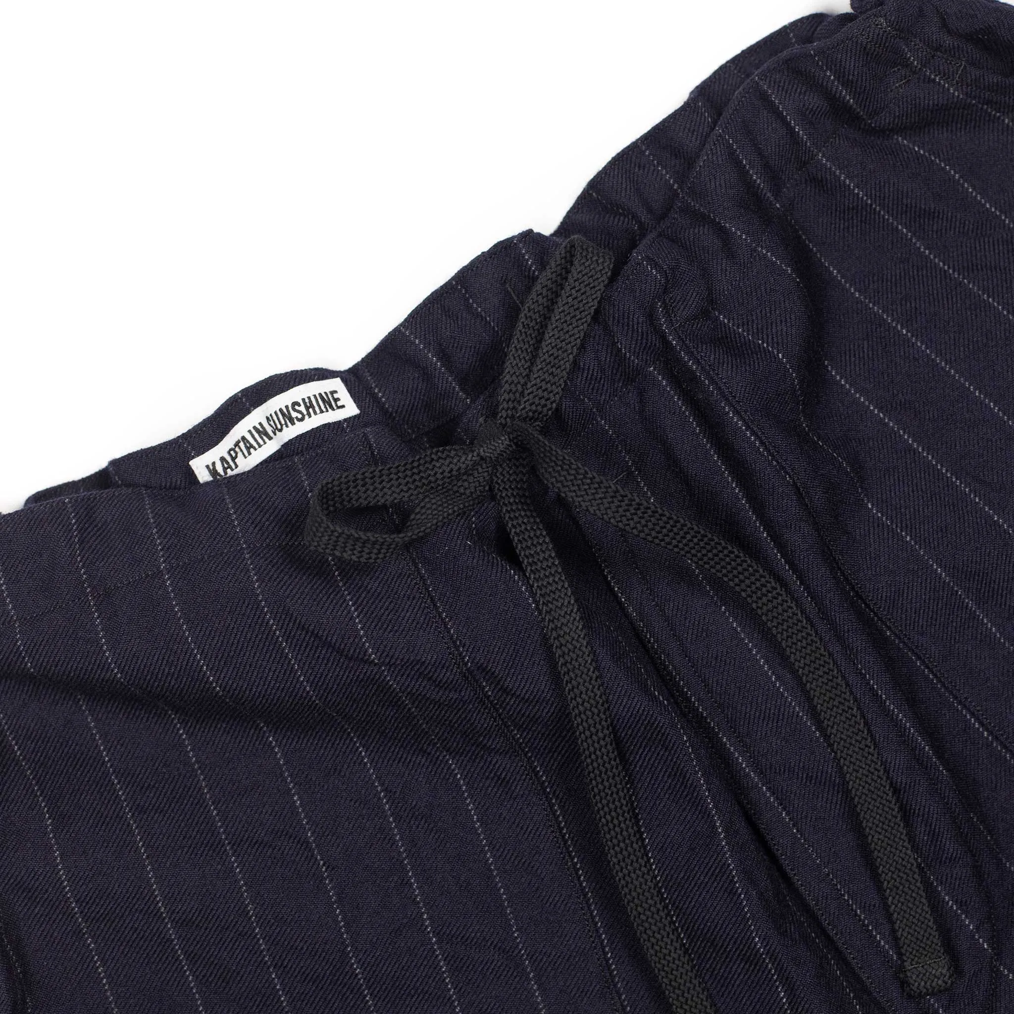 Take Easy baker pants in navy chalkstripe wool gabardine