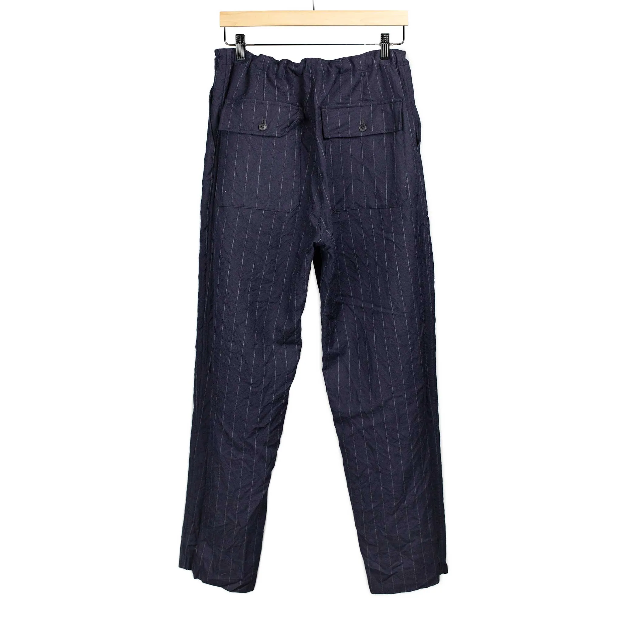 Take Easy baker pants in navy chalkstripe wool gabardine