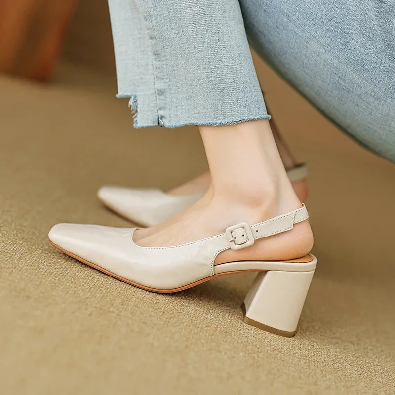 TAVIMART  -  Women Pumps French Style Sheepskin Summer Simple Shoes Slingbacks Woman Sandals Square Toe Lady Spring Autum Elegant  Pumps