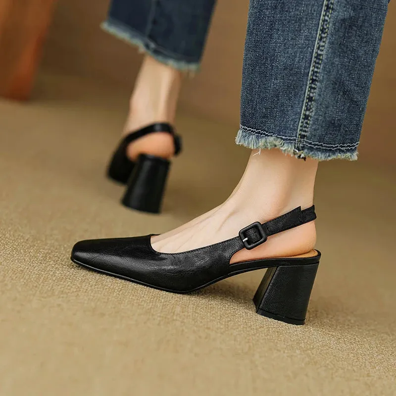 TAVIMART  -  Women Pumps French Style Sheepskin Summer Simple Shoes Slingbacks Woman Sandals Square Toe Lady Spring Autum Elegant  Pumps