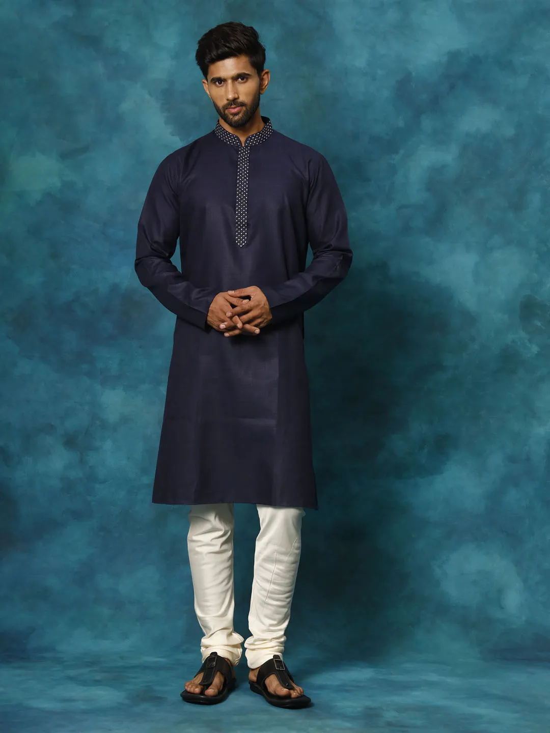 VASTRAMAY Navy Blue Cotton Kurta Pyjama Set