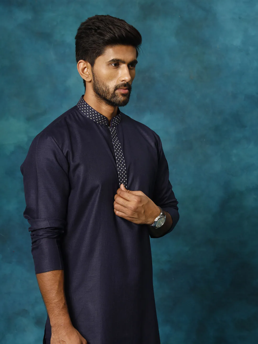 VASTRAMAY Navy Blue Cotton Kurta Pyjama Set