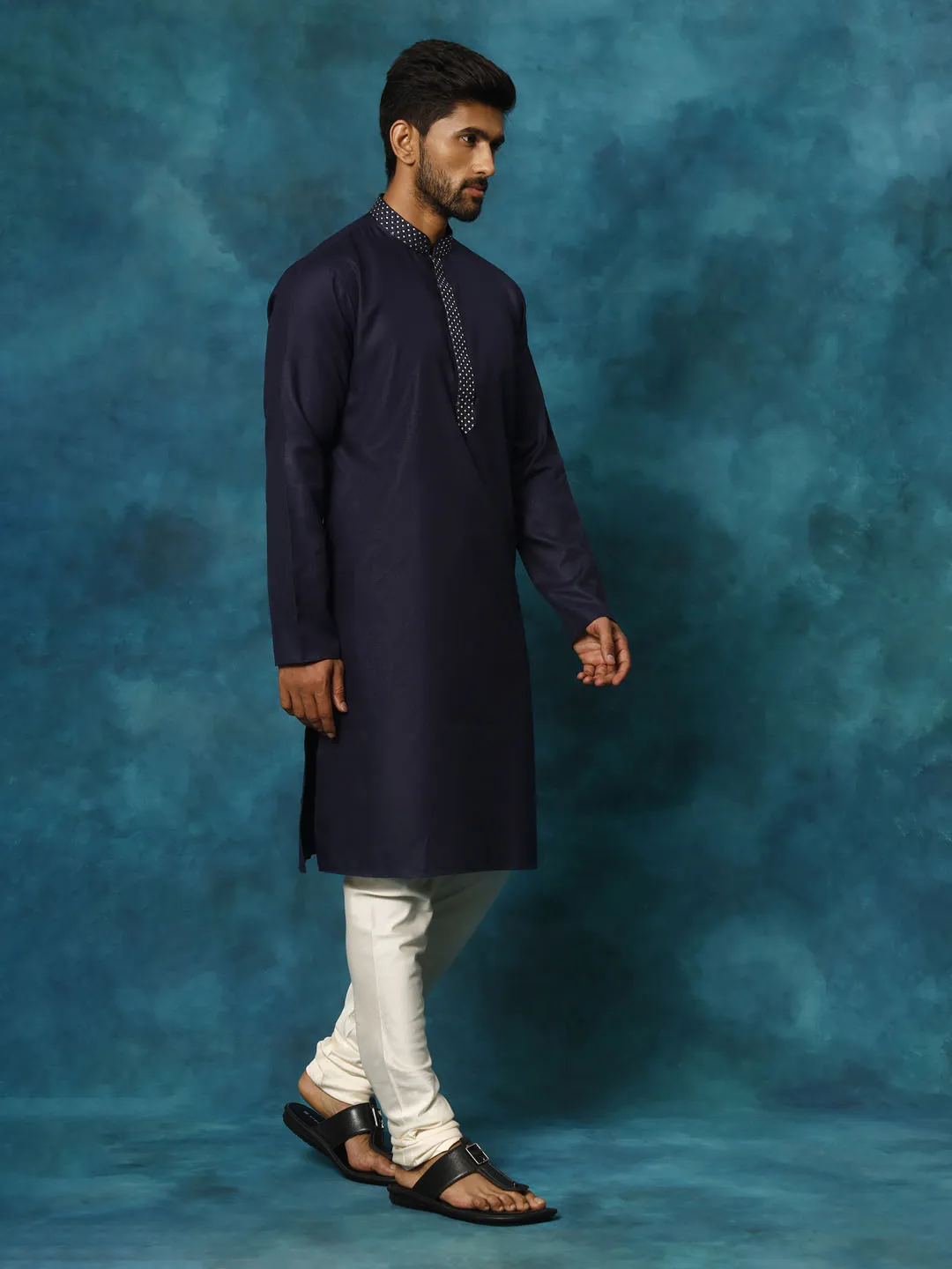 VASTRAMAY Navy Blue Cotton Kurta Pyjama Set