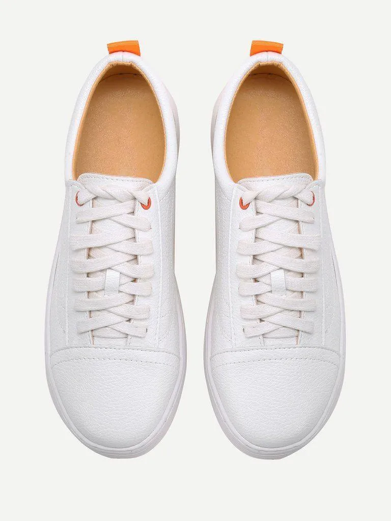 White Round Toe Lace Up Sneakers