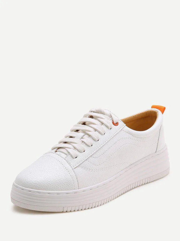 White Round Toe Lace Up Sneakers