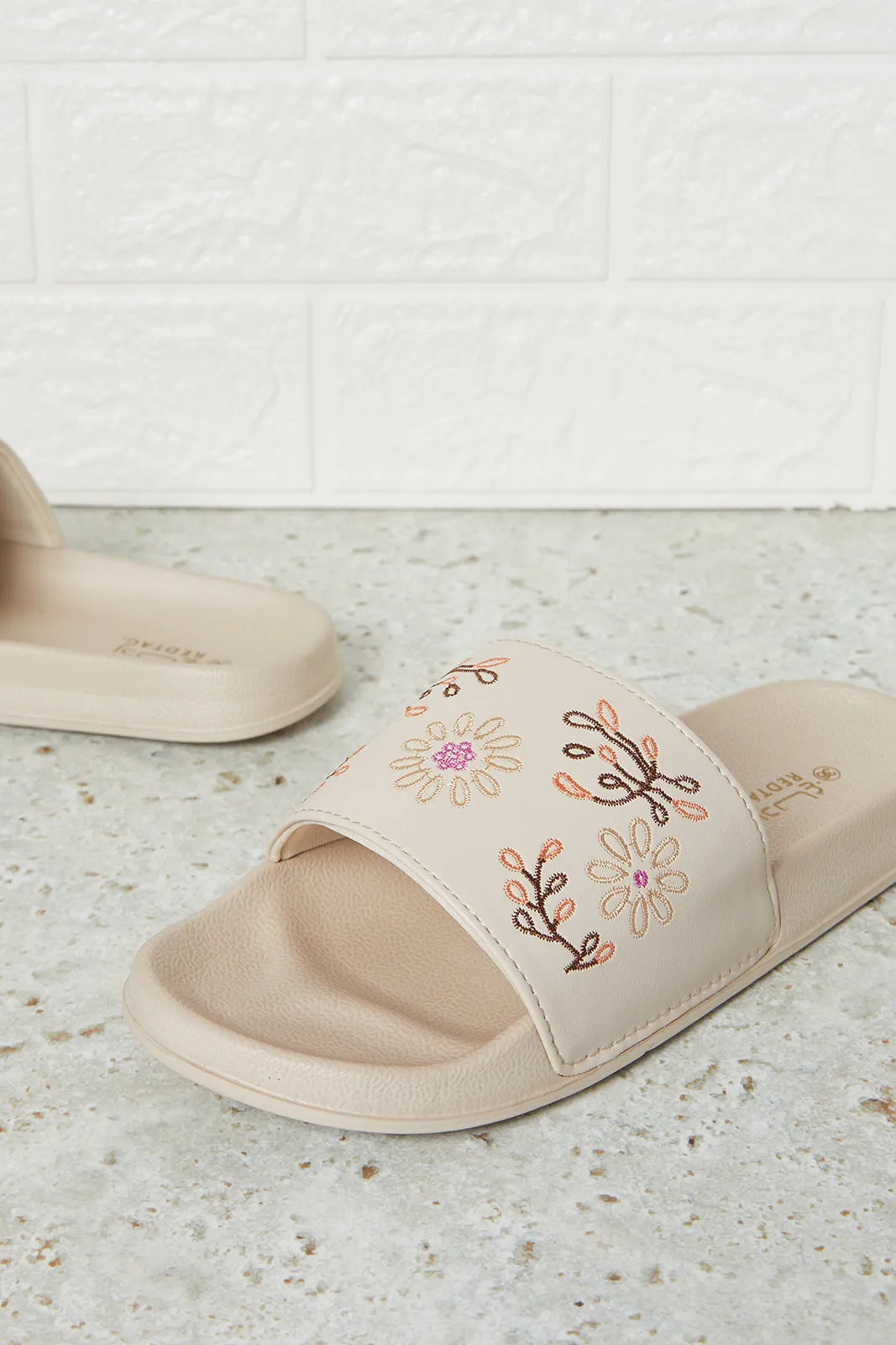 Women Beige Embroidered Slide