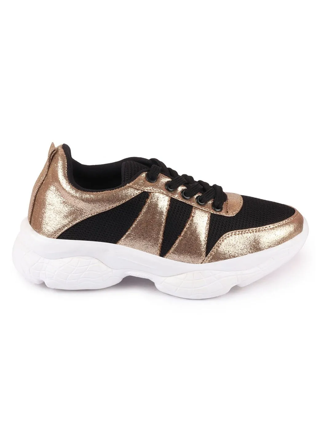 Women Black/Golden Lace Up Sneakers