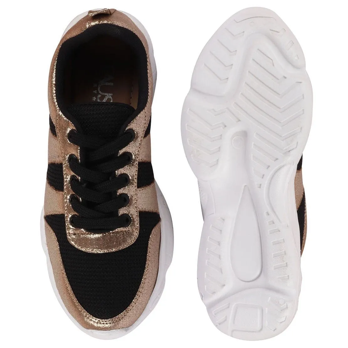 Women Black/Golden Lace Up Sneakers