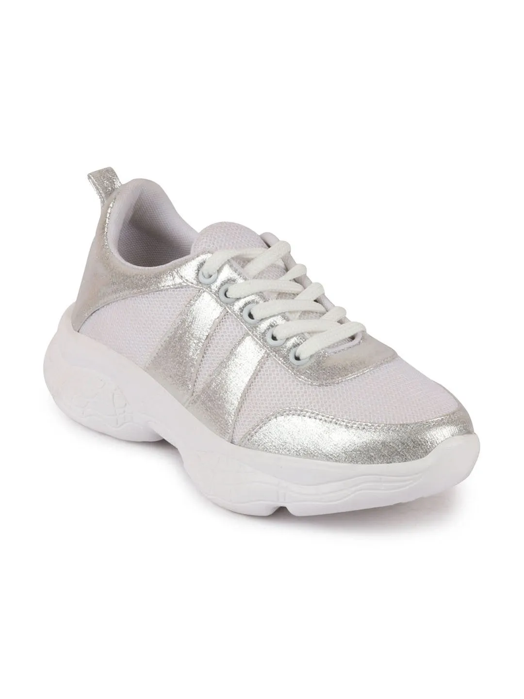 Women White/Silver Lace Up Sneakers