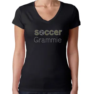 Womens T-Shirt Rhinestone Bling Black Fitted Tee Soccer Grammie Sports