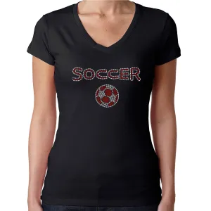 Womens T-Shirt Rhinestone Bling Black Fitted Tee Soccer Red White Sparkle