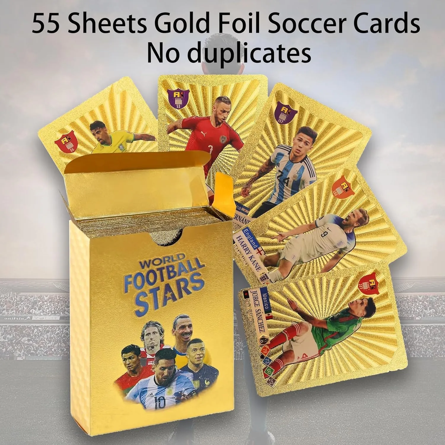 World Cup Football Soccer Star 55 PCS Gold Foil Card Assorted Cards TCG Deck Box - V Series Cards Vmax GX Rare Golden Cards and Common-Rare Mystery Card Soccer Trading Card No Repetition (55 PCS Gold)