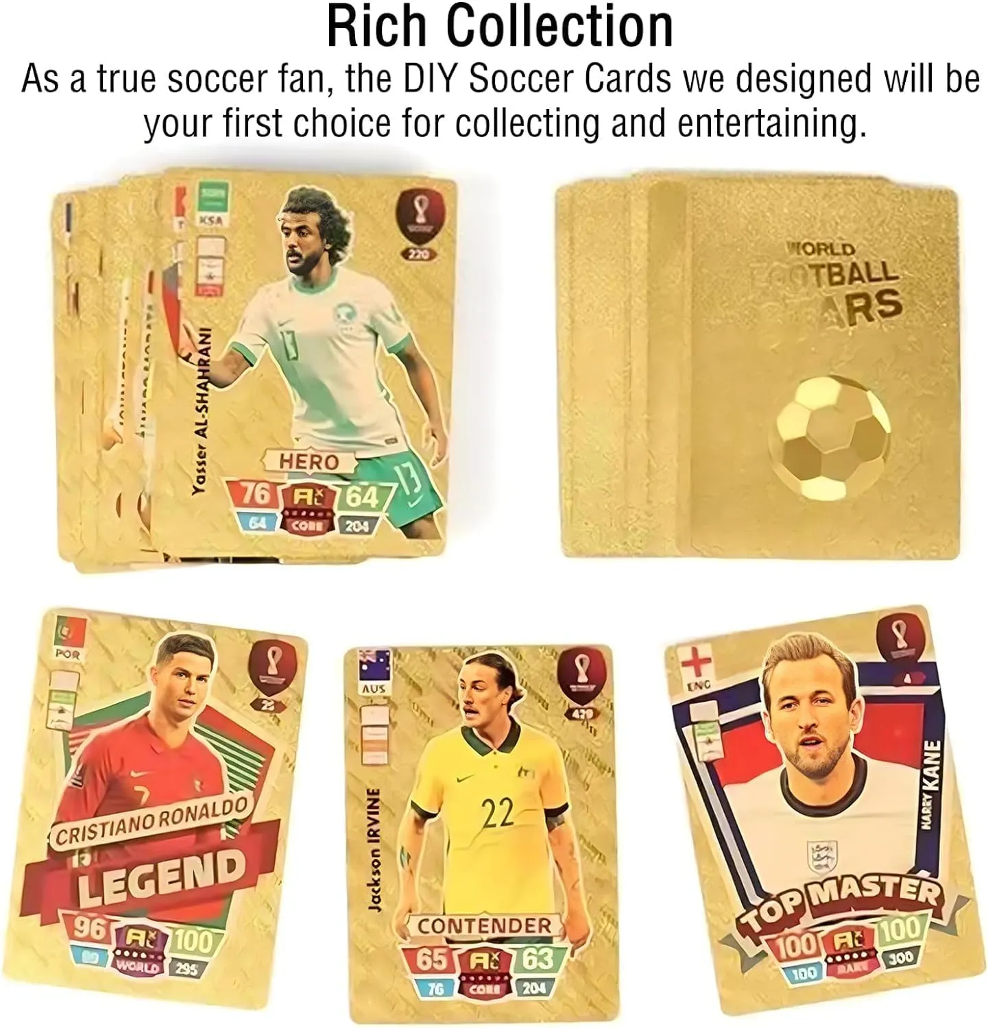 World Cup Football Soccer Star 55 PCS Gold Foil Card Assorted Cards TCG Deck Box - V Series Cards Vmax GX Rare Golden Cards and Common-Rare Mystery Card Soccer Trading Card No Repetition (55 PCS Gold)