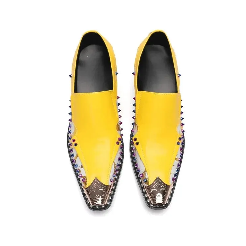 Yellow Color Rivet Genuine Leather Loafers