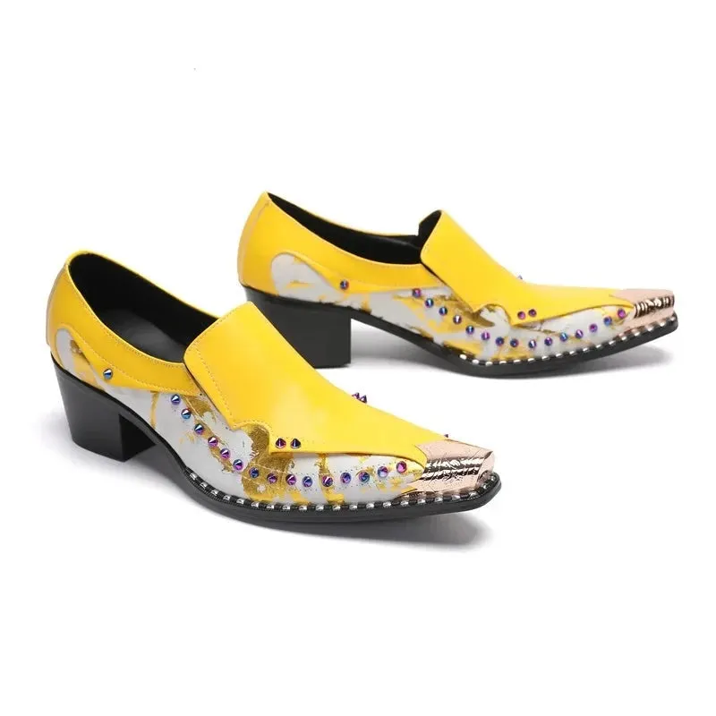 Yellow Color Rivet Genuine Leather Loafers