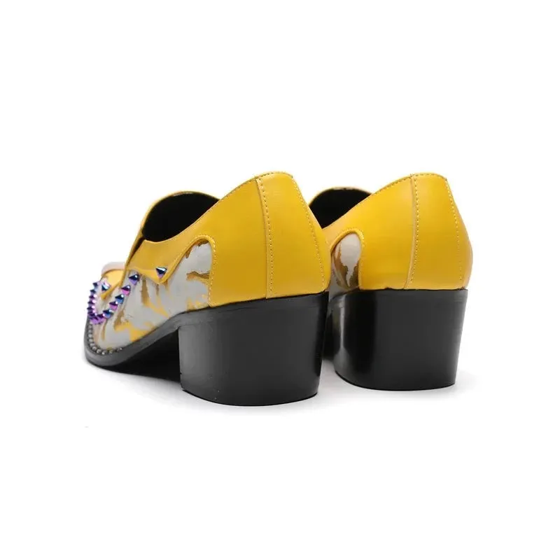 Yellow Color Rivet Genuine Leather Loafers