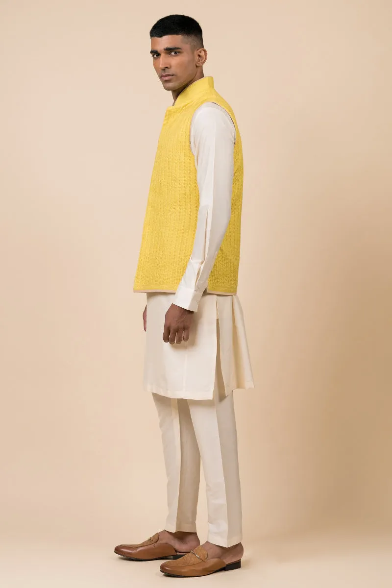 Yellow Schiffli Kurta Bundi Set